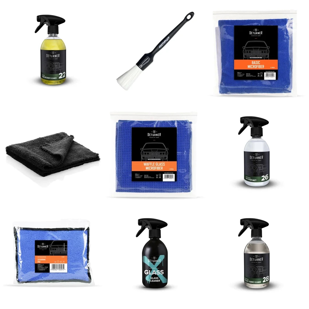 Kit con tutto il necessario per pulire e proteggere in modo professionale tutte le superfici dell'abitacolo