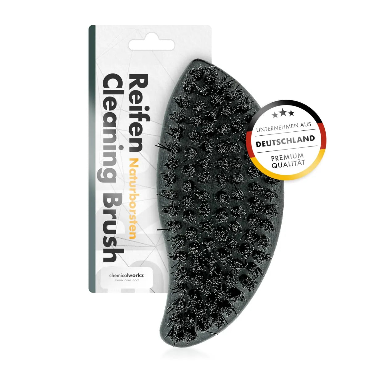 Spazzola per pulizia pneumatici e gomme Chemicalworkz Tire Cleaning brush. Vista lato setole con confezione sul retro