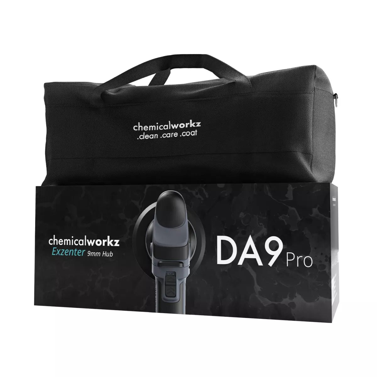 Borsa di trasporto di DA9Pro Chemicalworkz poggiata sul relativo packaging di cartone